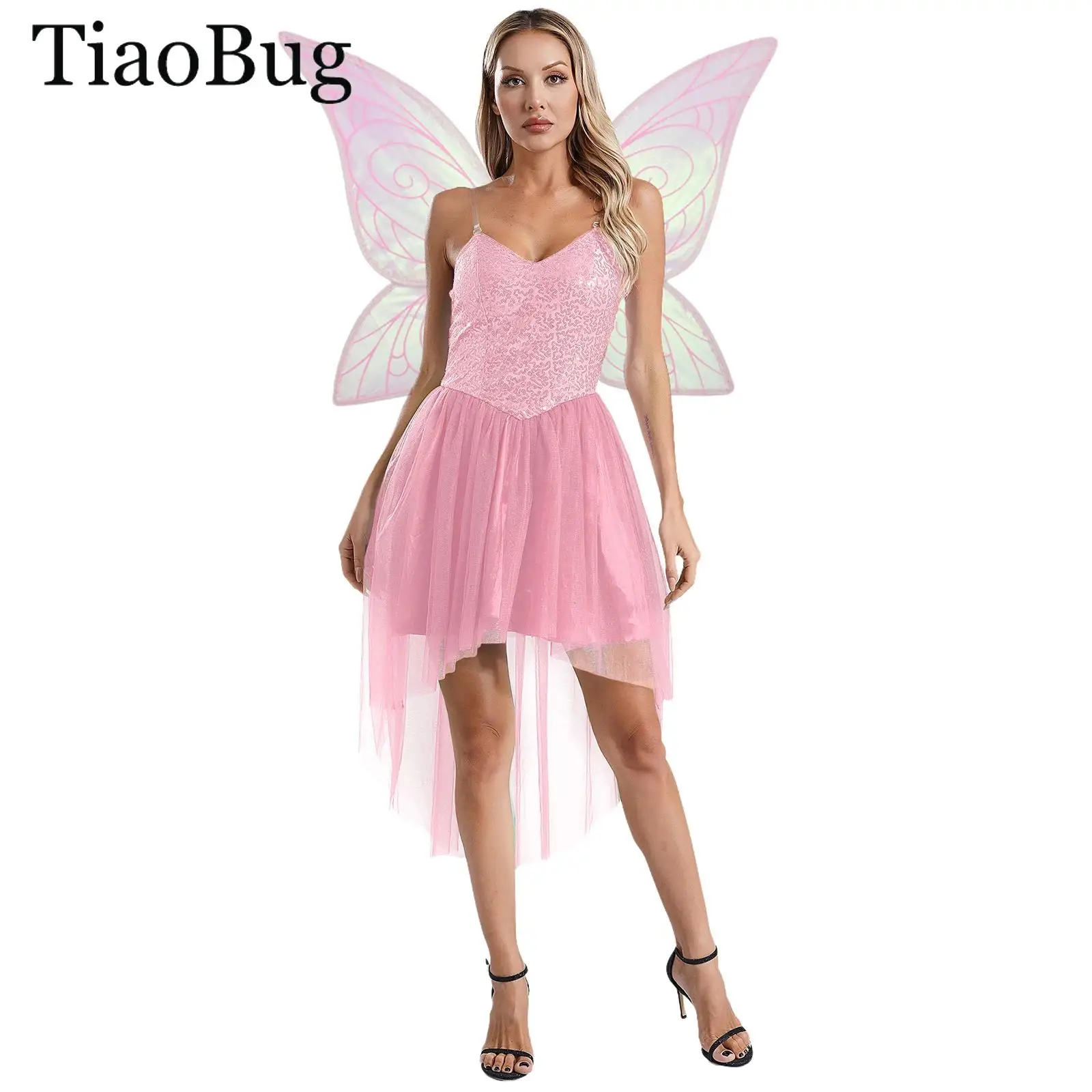 

Women Halloween Green Eif Princess Dress Forest Tinker Dress Fairy Cosplay Costume Shiny Sequin Tulle Bell Dress Butterfly Wings