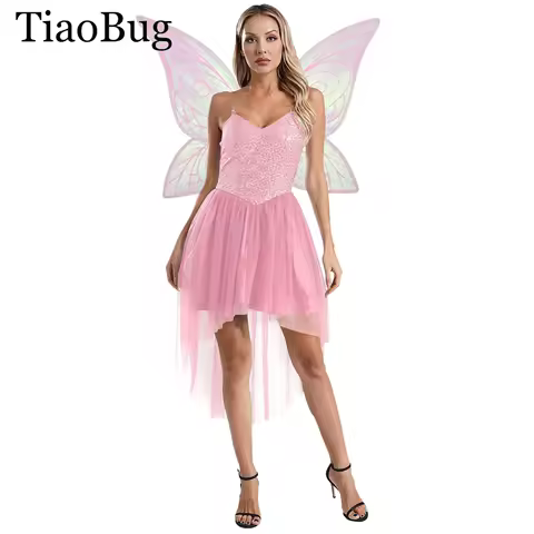 Women Halloween Green Eif Princess Dress Forest Tinker Dress Fairy Cosplay Costume Shiny Sequin Tulle Bell Dress Butterfly Wings