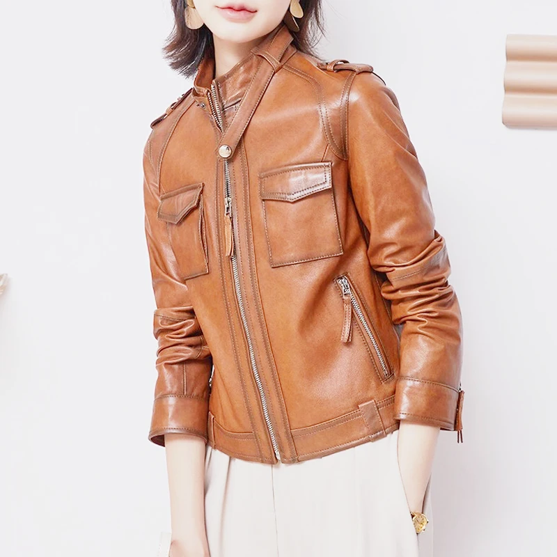 M-4XL 여성용 양가죽 리얼 레더 숏 재킷 2025 가을 겨울 레트로 스탠드 칼라 슬림핏 모토 레더 재킷 코트