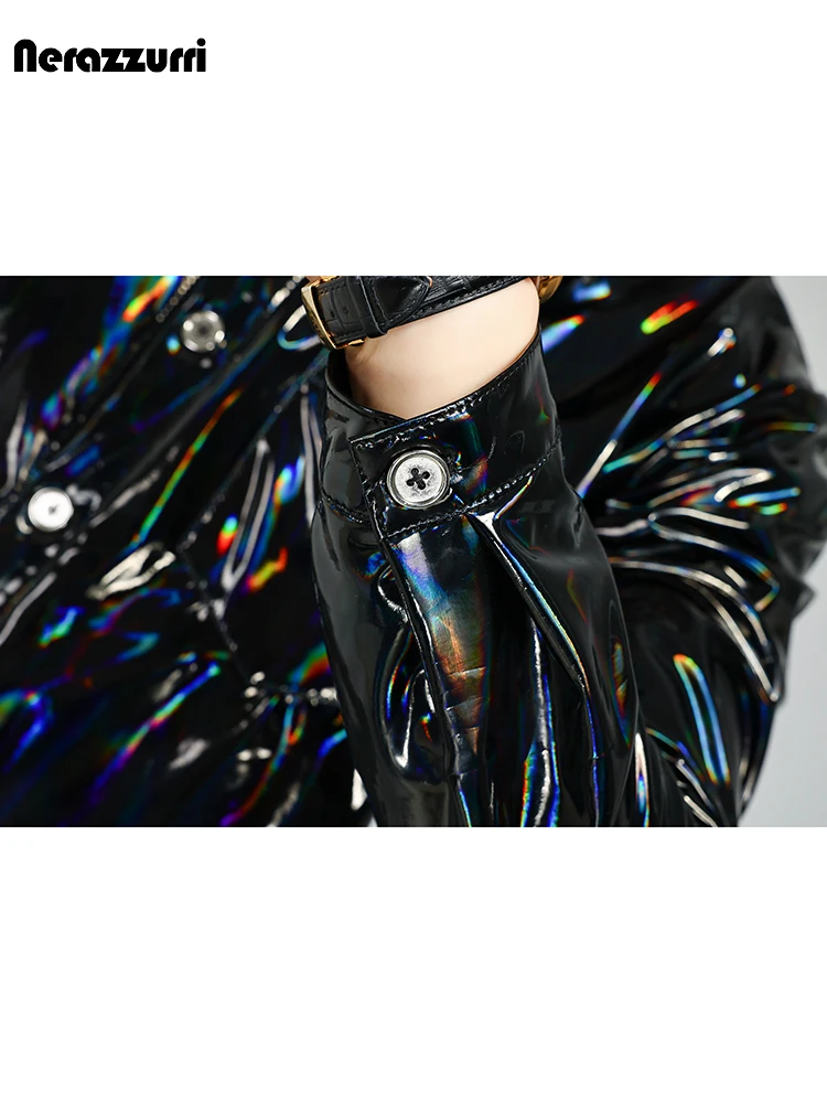 Nerazzurri Spring Autumn Cool Handsome Short Black Hologram Shiny Reflective Patent Faux Leather Shirt Men 2023 Leather Jacket