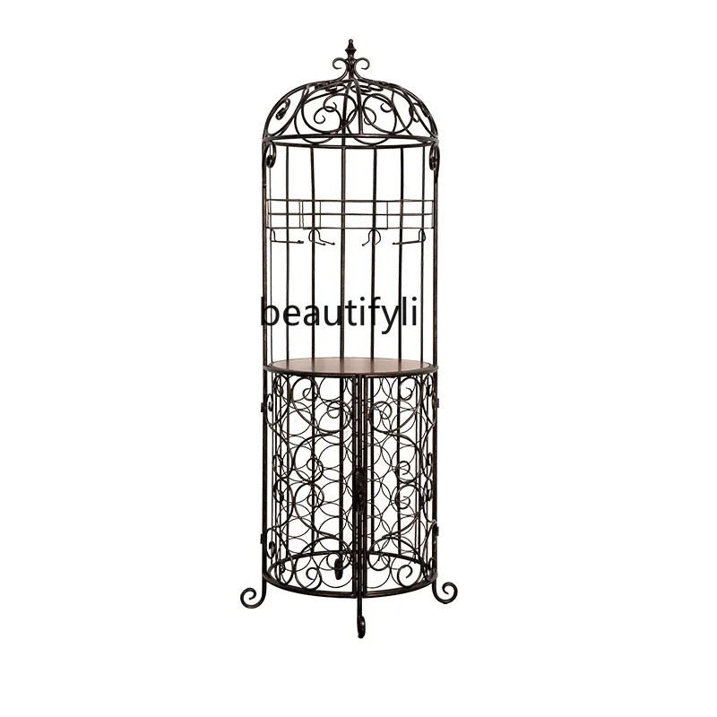 

Retro European-Style Iron Wine Cabinet Restaurant Wine Rack Creative Bird Cage Floor Shelf