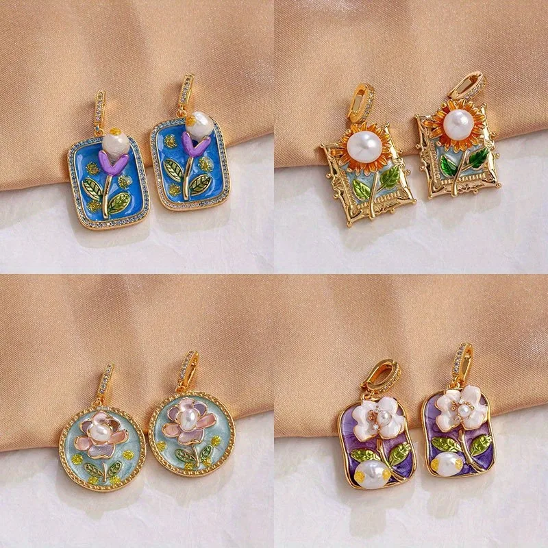 Natural Freshwater Pearl Flower Pendant Vintage Oil Painting Style Buckle Pendant Jewelry Gifts Monet Garden DIY Pendant Jewelry