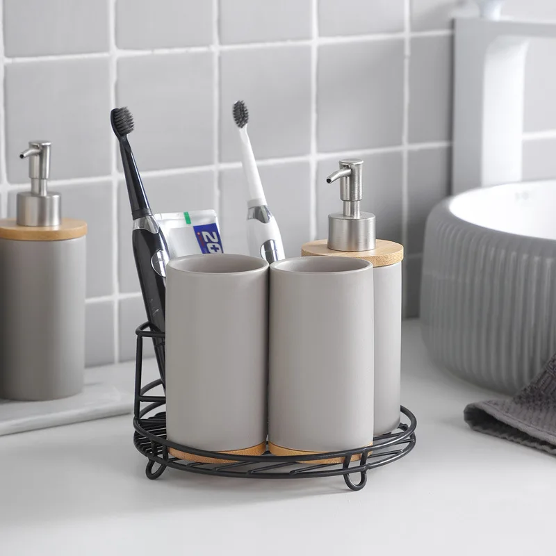 Nordic Style Bathroom Accessories Set Soap Lotion Dispenser Toothbrush Holder Soap Dispenser Pump Bottle Cup and Tray Rack