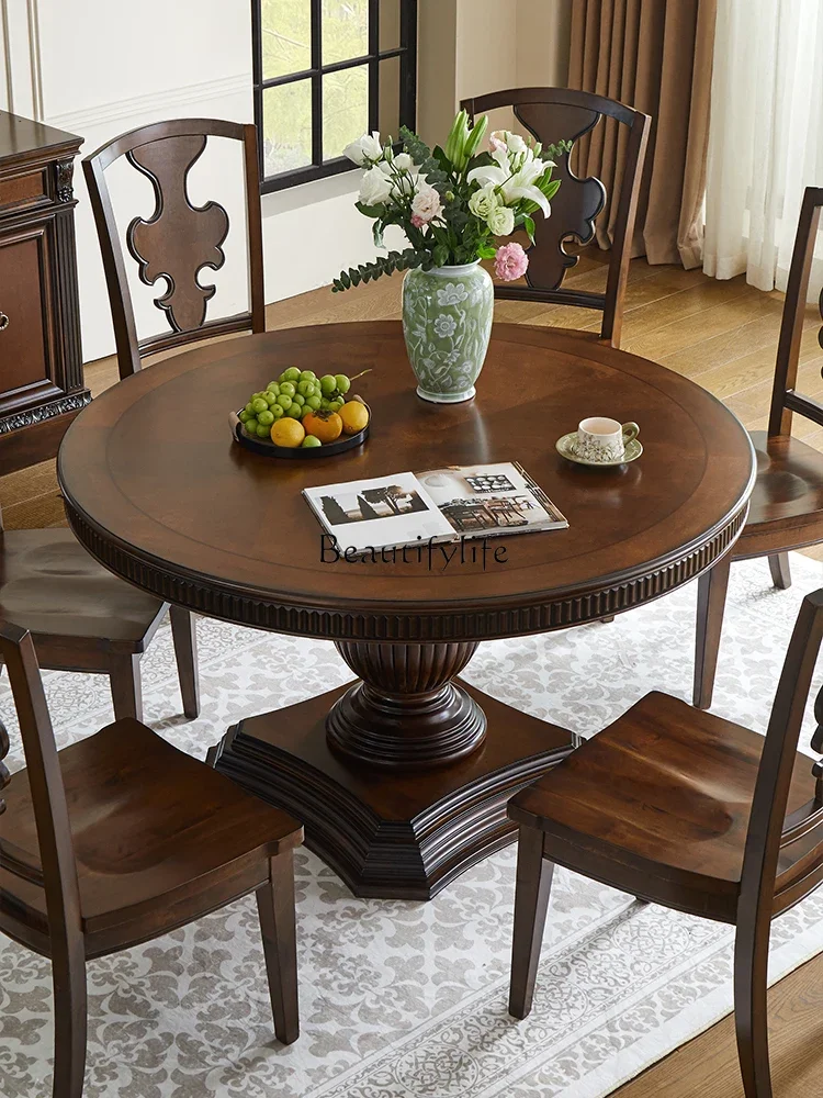 

2 yj15 American-style Solid Wood Villa Round Table Dining Furniture Carved Round Table