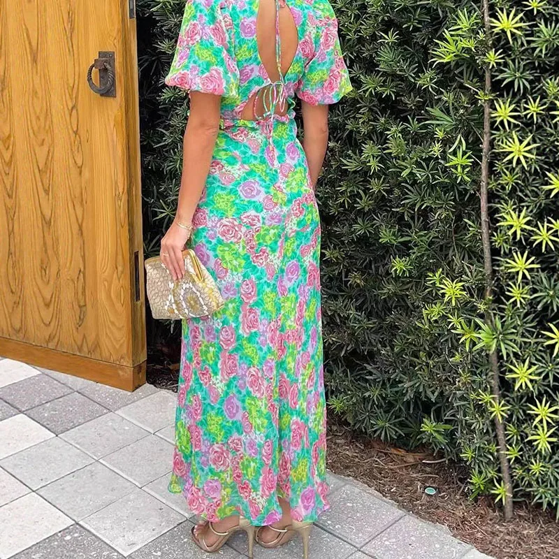 우아한 백리스 할로우 레이스 업 롱 드레스 섹시한 v 넥 하이 웨이스트 보헤미안 드레스 패션 플라워 프린트 퍼프 슬리브 파티 드레스