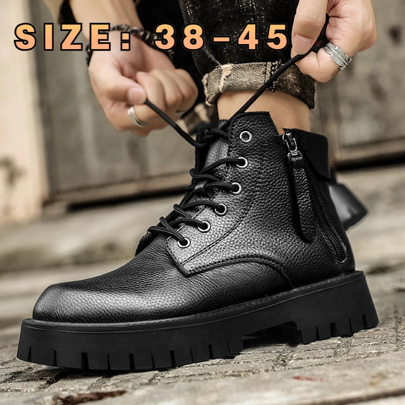 

Thick Bottom Mens Martin Boots Black High Top Genuine Leather Ankle Boots Men High Quality Side Zipper British Style Male Boots