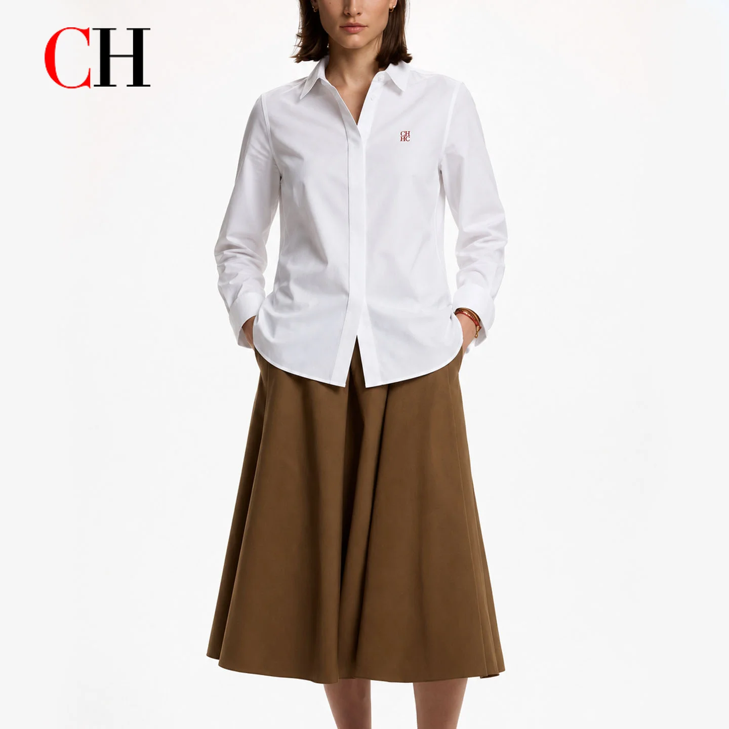 CH Women's White Button Down Shirt Long Sleeve Slim Fit Embroidered Office Blouse Elegant Casual Workwear Top