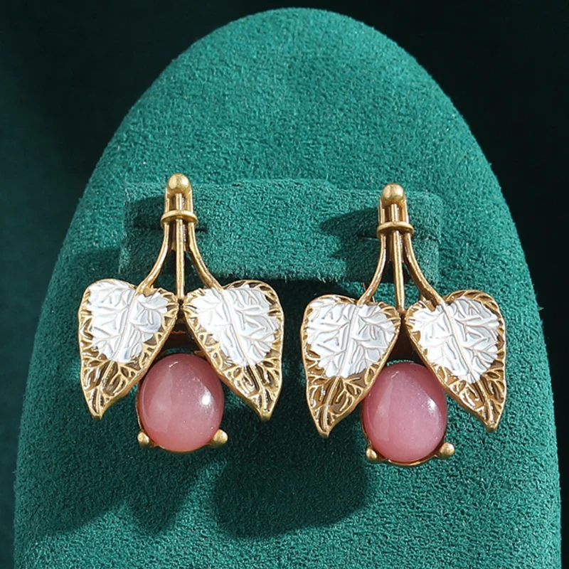 خمر ورقة الوردي القرط مسمار روز كوارتز الحجر الطبيعي المينا الذهب اللون أنيقة مجوهرات فاخرة جودة مصمم هدايا الزفاف #2