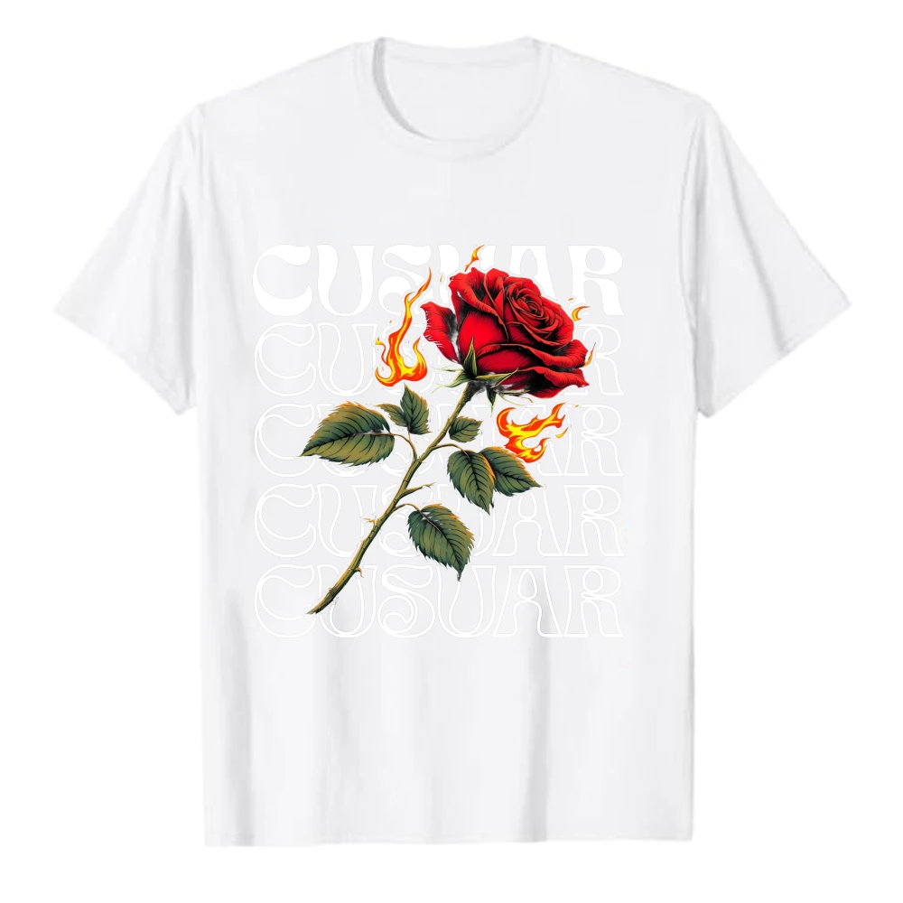 CUSUAR Stacked Text Burning Red Rose Flame Graphic T-Shirt Unisex Gothic Punk Floral Streetwear Crew Neck Olive Green Casual Tee