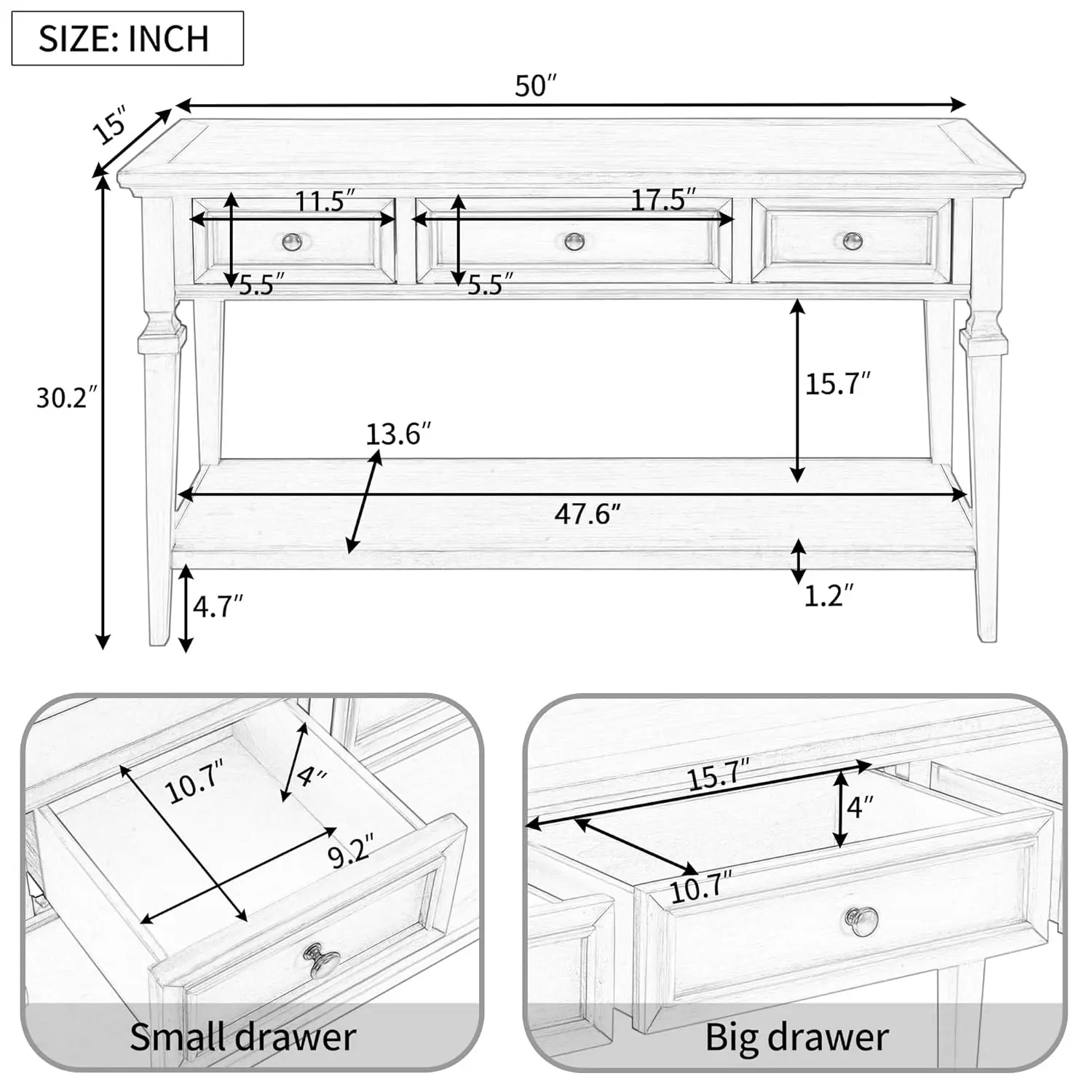 Classic 50in Long Sofa Console Table with 3 Storage Drawers and Bottom Open Shelf, 220lbs Weight Capacity, Antique, Customized
