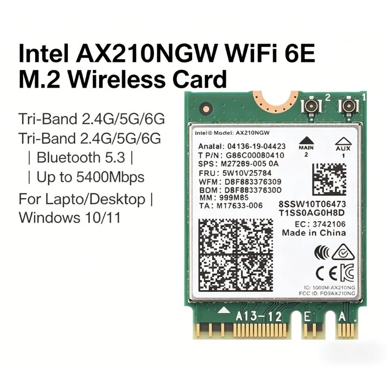 

For Desktop/Laptop for Win10/11 WiFi 6E AX210NGW NGFF Wireeless Adapter Bluetooth 5.3 WiFi6 5374Mbps 2.4G/5G/6GHz 802.11AX