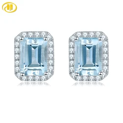 Natural Aquamarine Sterling Silver Stud Earring 2 Carats Genuine Light Blue Color Women Classic Style Anniversary Gifts