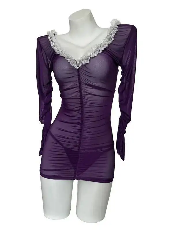 Seksowna sukienka bodycon z głębokim dekoltem w serek, przezroczystym wykończeniem z koronki, jednolita, z dekoltem w serek, długim rękawem, kopertowym krojem, podkreślająca biodra, transparentna, mini sukienka w stylu czystej pokusy QSTZ