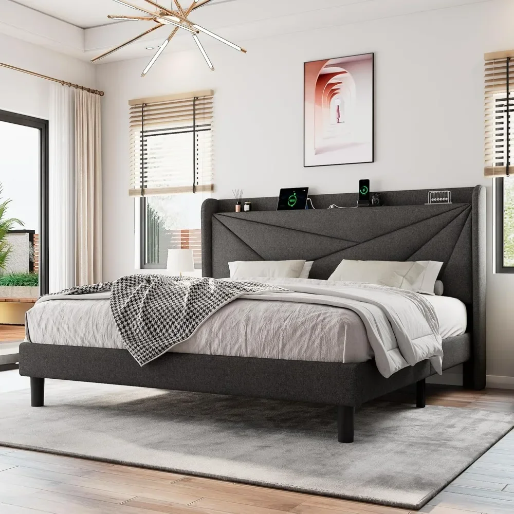 Extra large upholstered bed frame with charging station, storage head board, solid wood Flat noodles support, dark gray