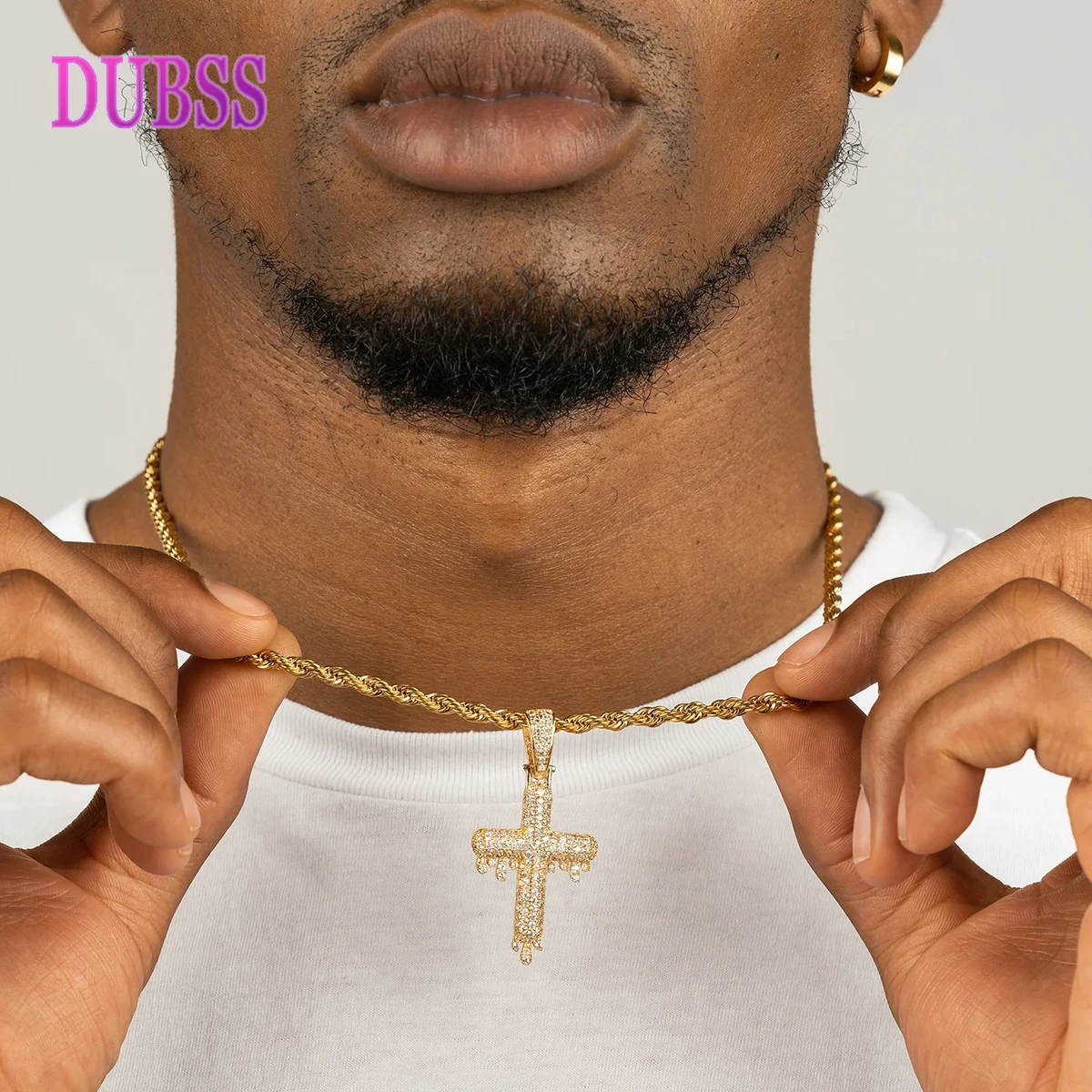 

Dubss Cross Necklace for Men Drippy Iced Out Pendant Real Gold Plated Hip Hop Jewelry