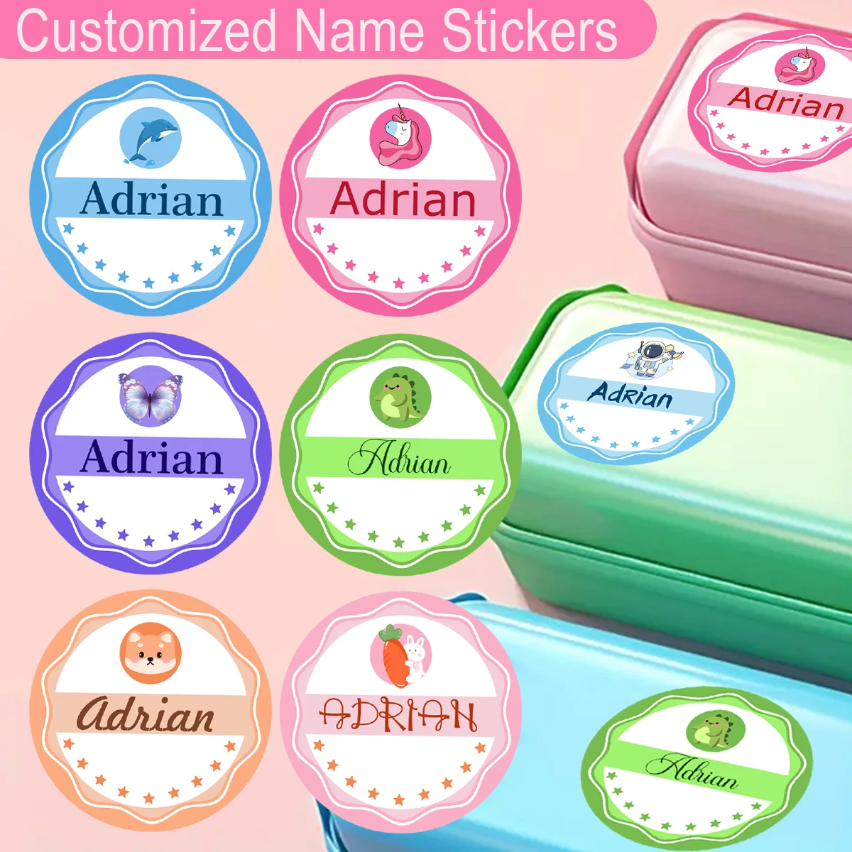 

Kid's name label sticker, colorful waterproof water bottle sticker, cartoon round tear-off sticker, student back-to-school