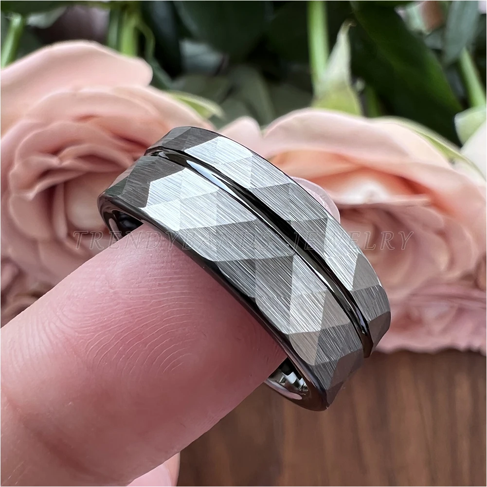 Rings for Men Women Wedding Band Black Tungsten Carbide Engagement Fashion Jewelry Hammered Brushed Finish Comfort Fit