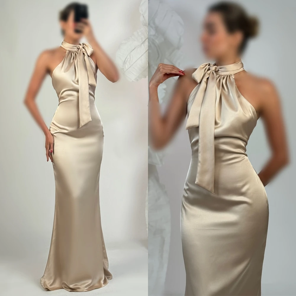

Customized Fashion Satin Mermaid Evening Dress Exquisite Halter Open Back Prom Dress Simple Sleeveless Special Occasion Gowns