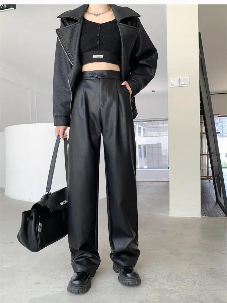 Imagem -06 - Guilantu-calça Casual de Couro Feminina Cintura Alta Botões para Cima com Zíper Calça de pu Reta Streetwear Nova Outono 2023