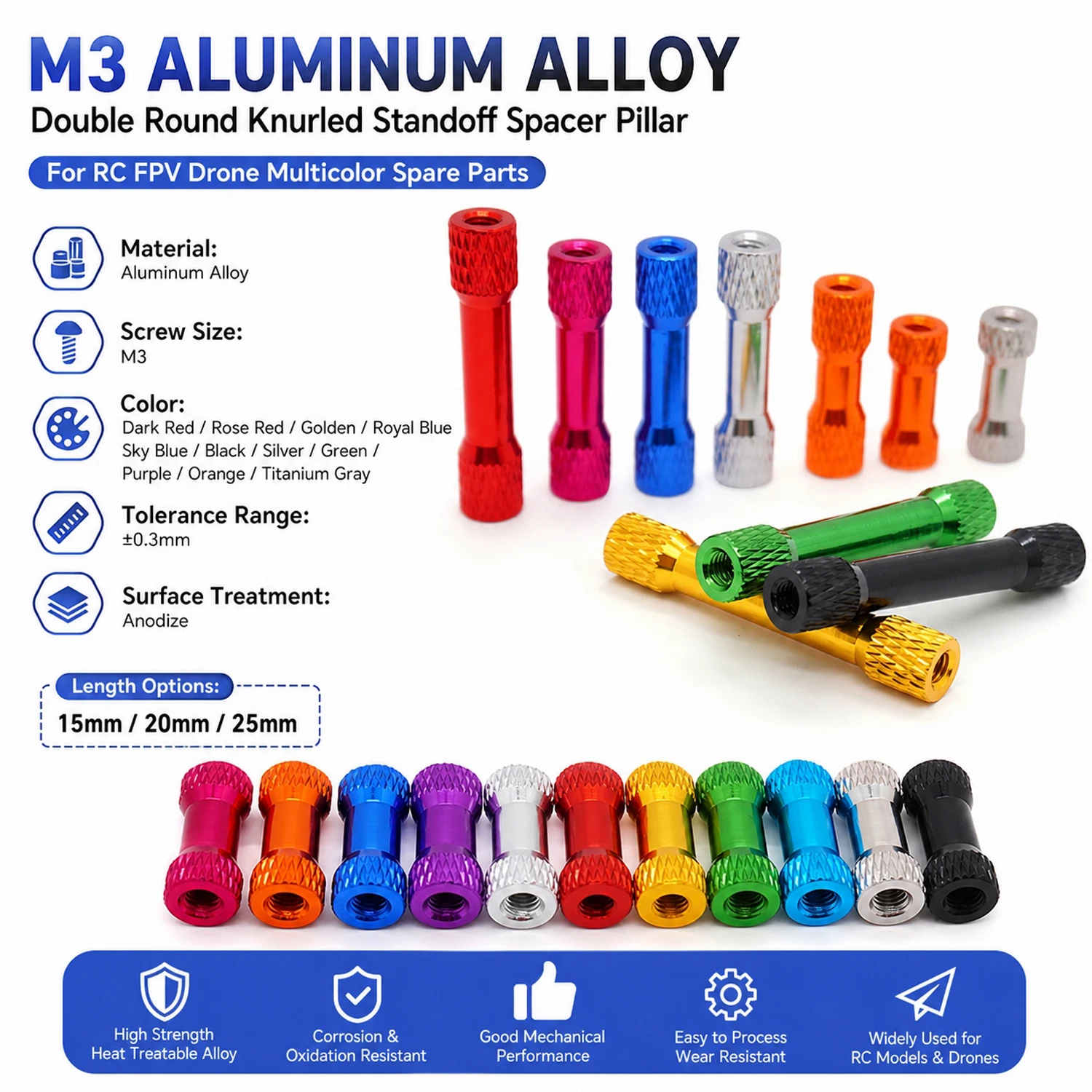 1PCS M3 15/20/25mm Double Round Knurled Colorful Aluminum Alloy Standoff Spacer Pillar For RC FPV Drone Multicolor Spare Parts