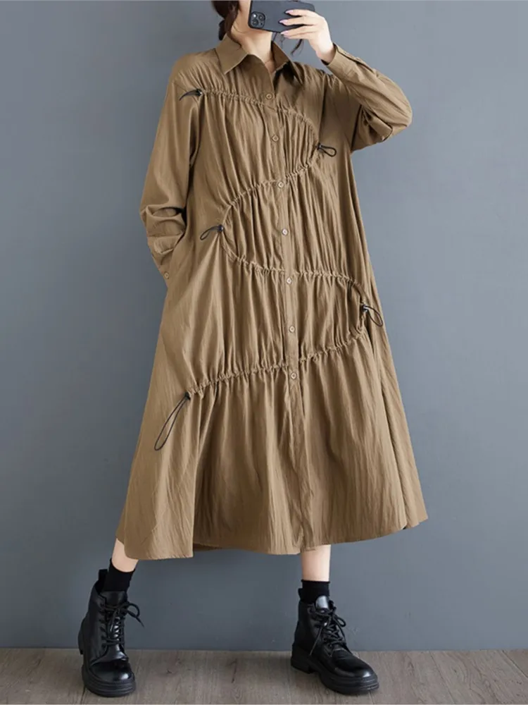 Oversized Herfst Shirt Jurk Vrouwen Onregelmatige Geplooide Mode Dames Lange Jurken Ruche Losse Casual Vrouw Lange Mouwen Jurk