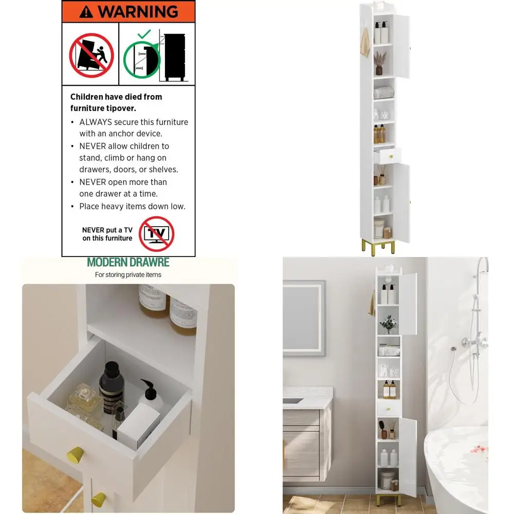 

Регулируемый напольный высокий шкаф для хранения в ванной комнате с дверцей и ящиком, белый