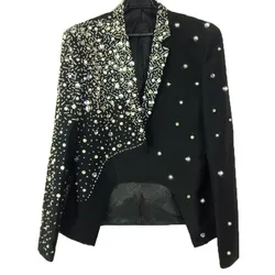 Pure Handmade High Quality Men's Black Rhinestone Suit Jacket Black Slim Sewn Drilling Blazer Male Singer Stage Wear Host Dress