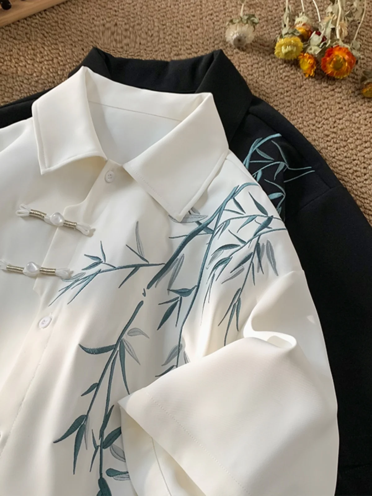 

New Chinese Style Bamboo Embroidery Short Sleeve Men's Shirt Spring Button Hanfu Tang Costume Dao Pao Outerwear Casual Shirt