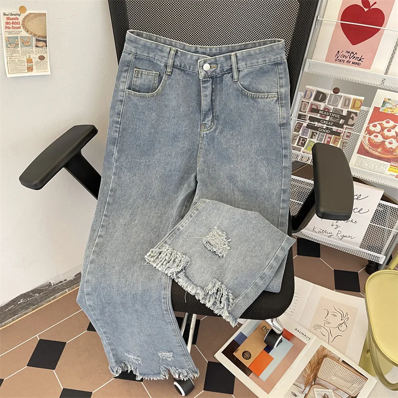 

Retro American Street Hip Hop Men's Jeans Loose High Street Versatile Frayed Hem Straight Leg Long Trousers Casual Youth Fashion