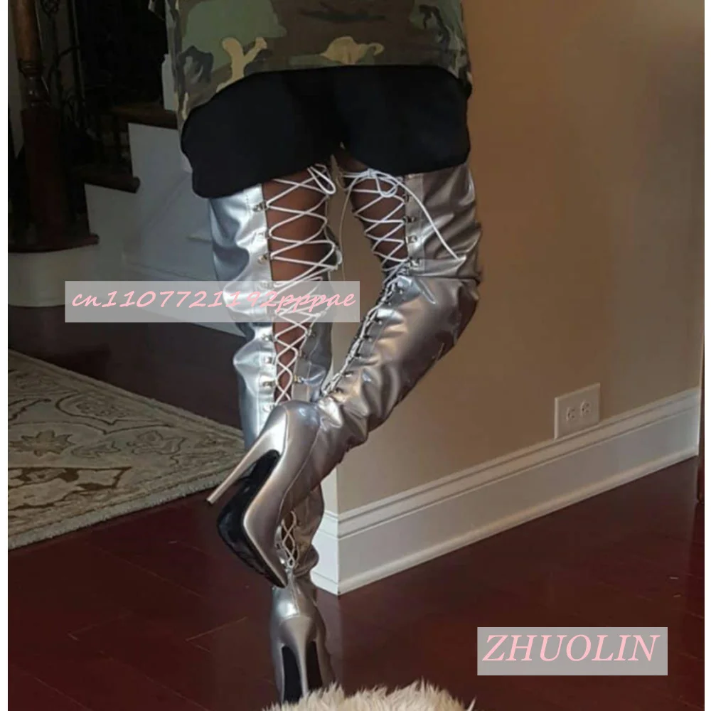 Silver Super High Heel Cross-Strap Over-The-Knee Boots Women'S Pointed Toe Side Zipper Long Boots Party Pole Dancing Boots 46