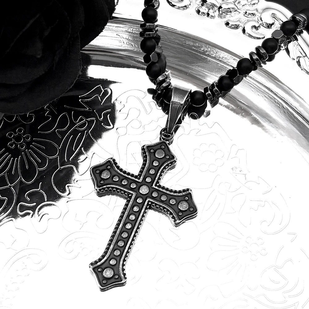 

Vintage Christian Jesus Cross Pendant Necklace for Women Men Gun Black Stainless Steel Catholic Hematite Chain Healing Jewelry