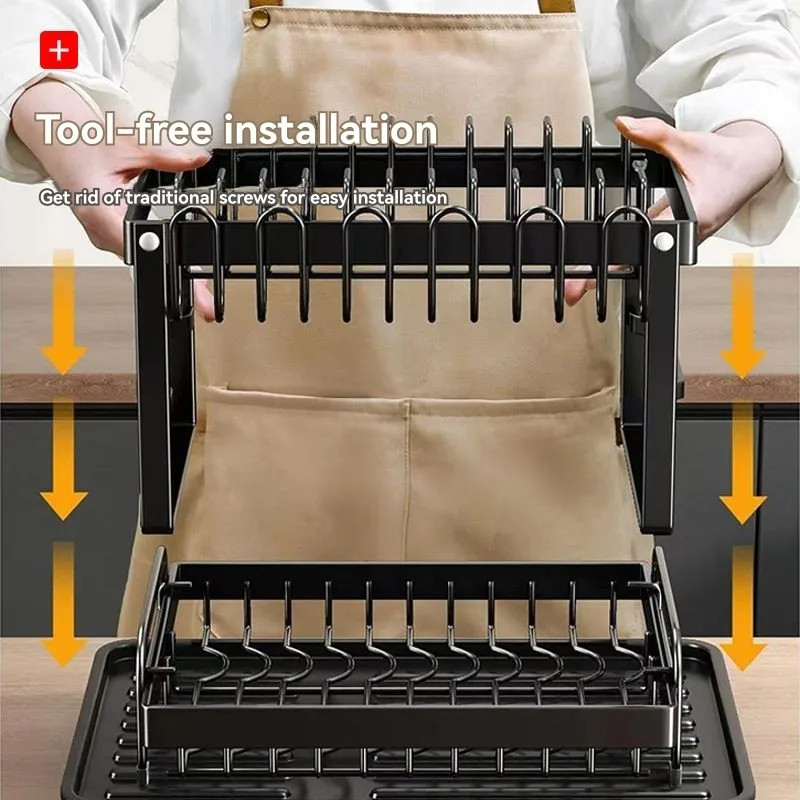 AT69 -Kitchen Dish Rack In Modern Simple Iron Wire Design-Dual Layer With Utensil Holder, Cutting Board Stand, And Draining Tray