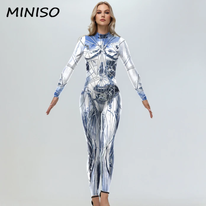 MINISO Cool Punk Bodysuit Reflect Armour Steampunk Print Zentai Suits Halloween Party Cosplay Costume Jumpsuit Women Clothing