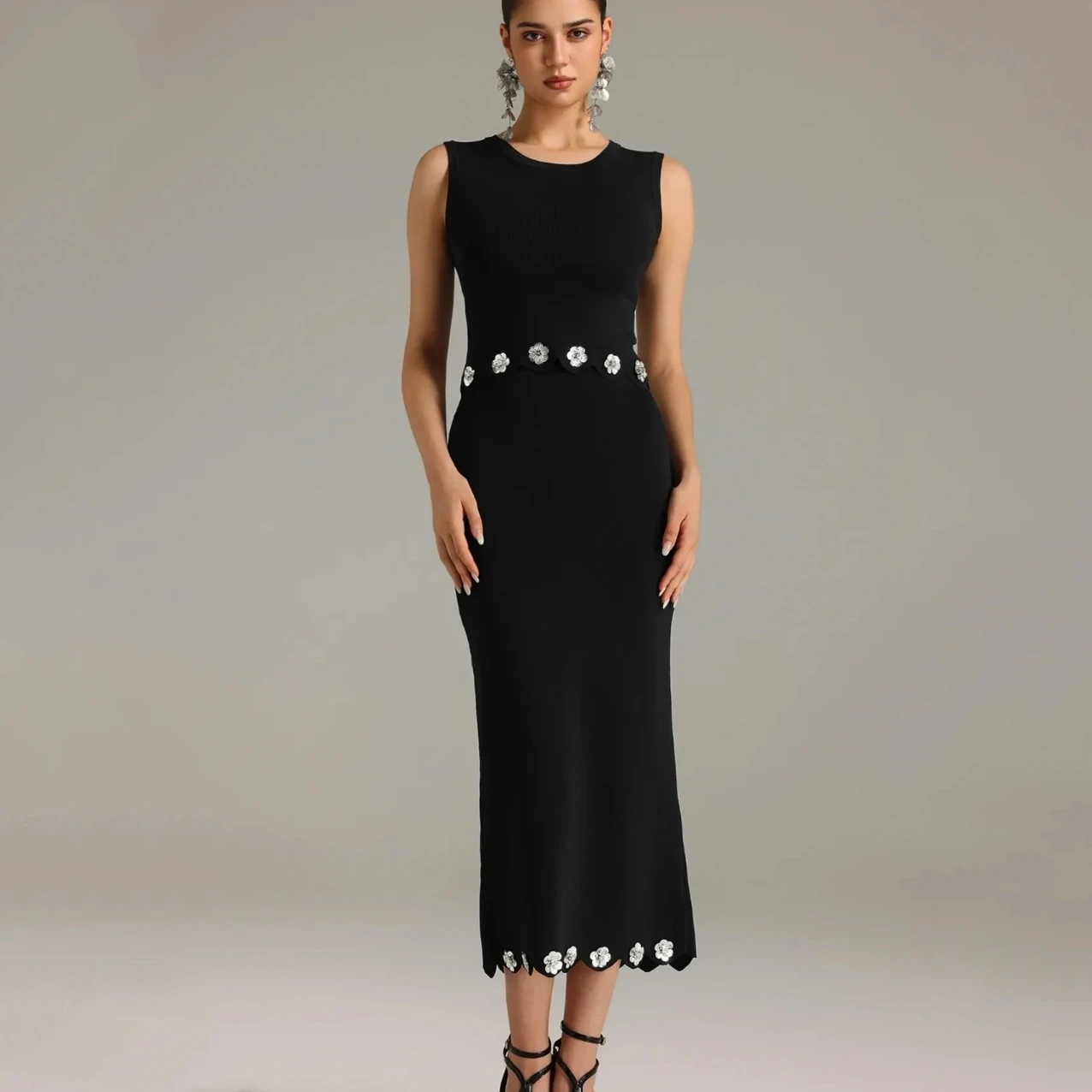 

2025 Popular New In Silver Flower Design Black Tops Skirt Two-piece Set For Women Elegant Office Luxury Brand Dress Clothing