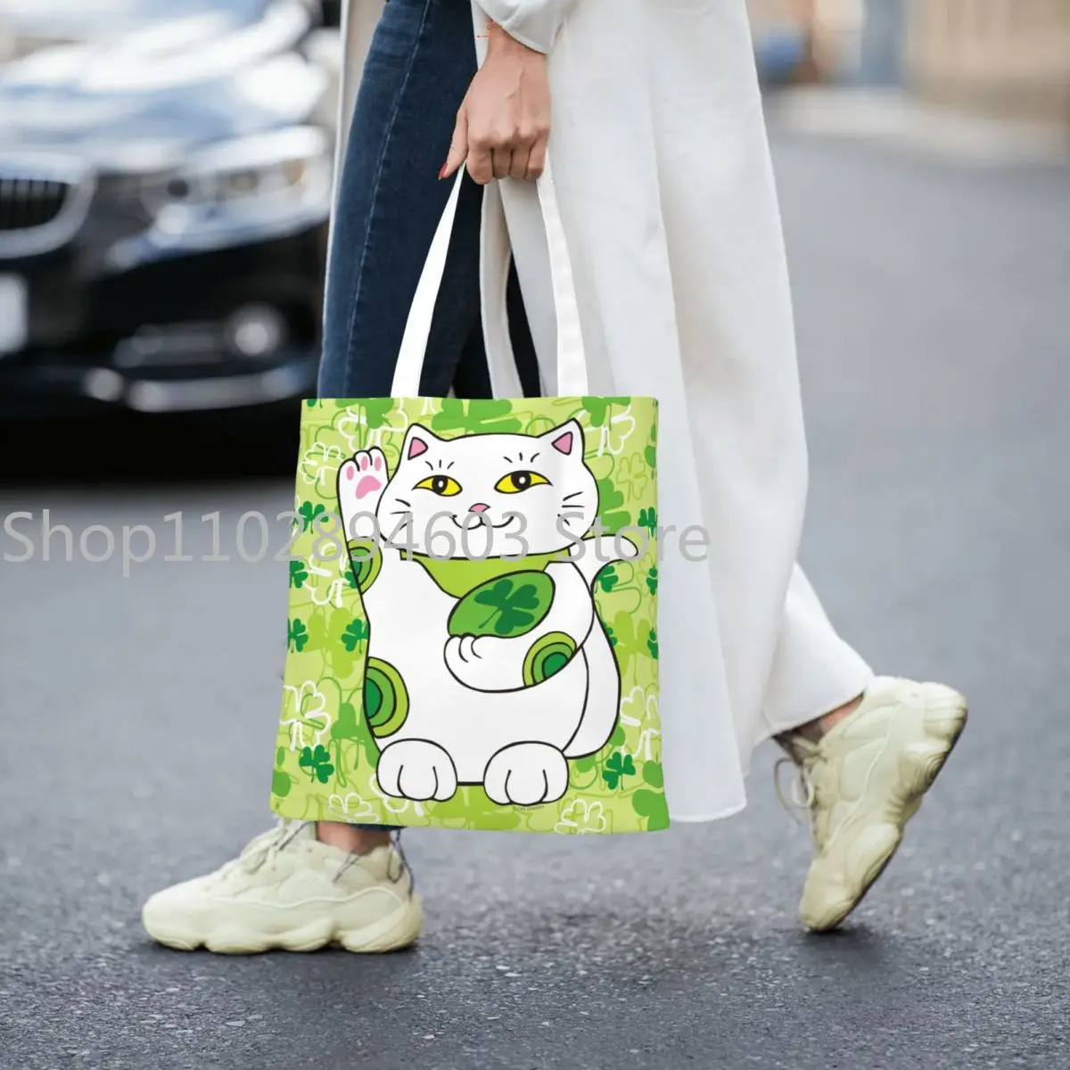 Kobiety mężczyźni St. Patrick's Day Maneki Neko duże torba z rączkami płócienna torba na zakupy dla szczęśliwych kotów na torebki dziecięce