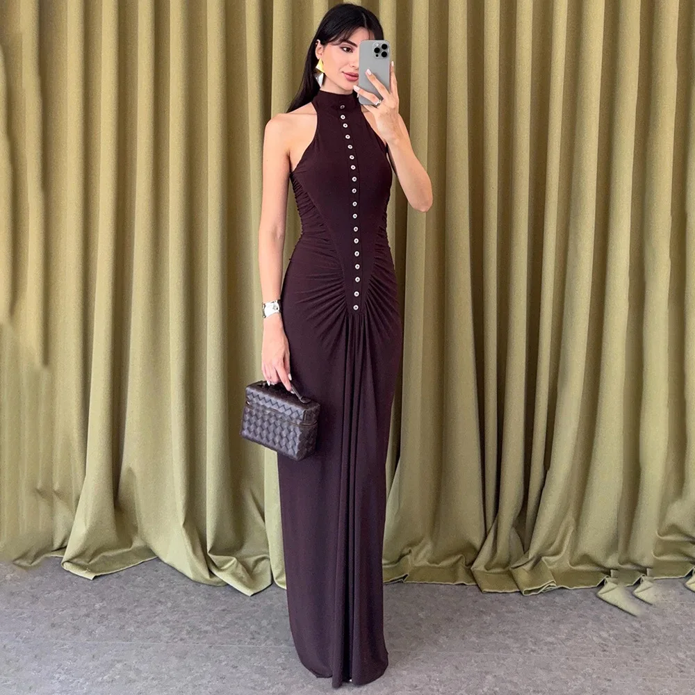 

Apprabant Women Autumn New Maxi Dress Ruched Buttons Sleeveless Bodycon Tank Elegant Sexy Slim Outfit Office Evening Partywear