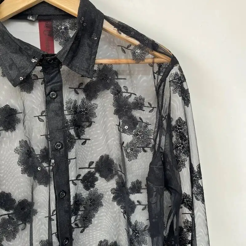 Niche Trend Male Shirts 2026 Summer New Dandelion Sheer Mesh Sequin Embroidered Design Loose Versatile Men's Shirt ZA24