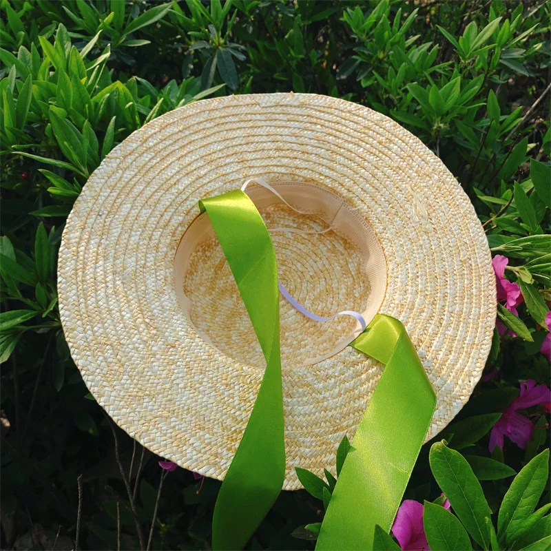 Chapeaux de soleil de princesse vintage pour enfants, chapeau de paille d\'été, casquette pour enfants, ruban à dessus plat, protection solaire de