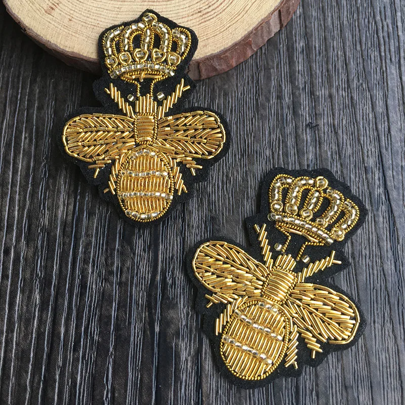 Indian Silk Metallic Thread Cannetille Hand Embroidery Crown Bee Patch Badge Brooch Pin Garment Bag Hat Applique Sew Accessories