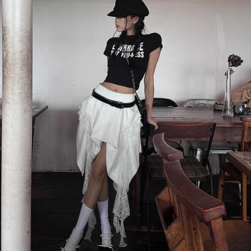 

Deeptown Korean Style Irregular Skirt Women Vintage Elegant White Ruffle Skirt Lace Patchwork Summer Layered Midi Skirts Street