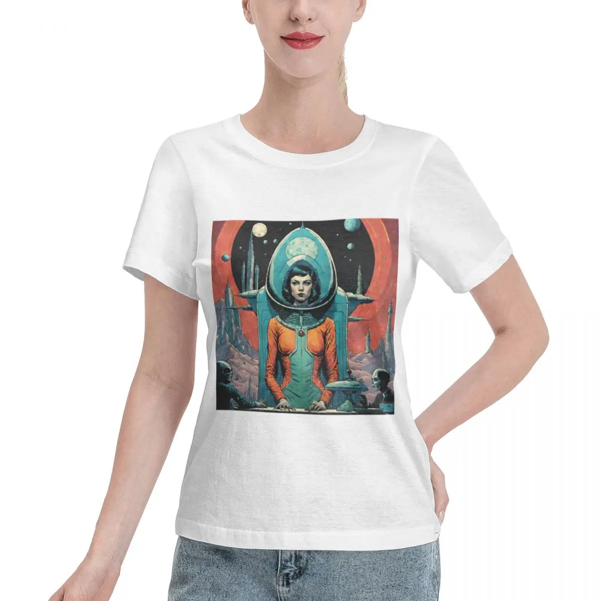 Wardrobe Filler Retro Space Woman Art Women's T-shirt French Style Comfy Daily Top