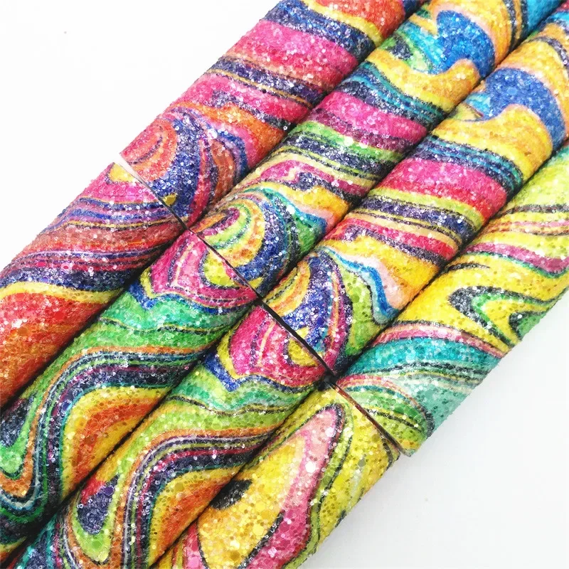 Water Grain Printed Rainbow Chunky Glitter Faux Vinyl Leather Fabric Felt Backing Leather For Bow DIY 21X29CM FZ272A