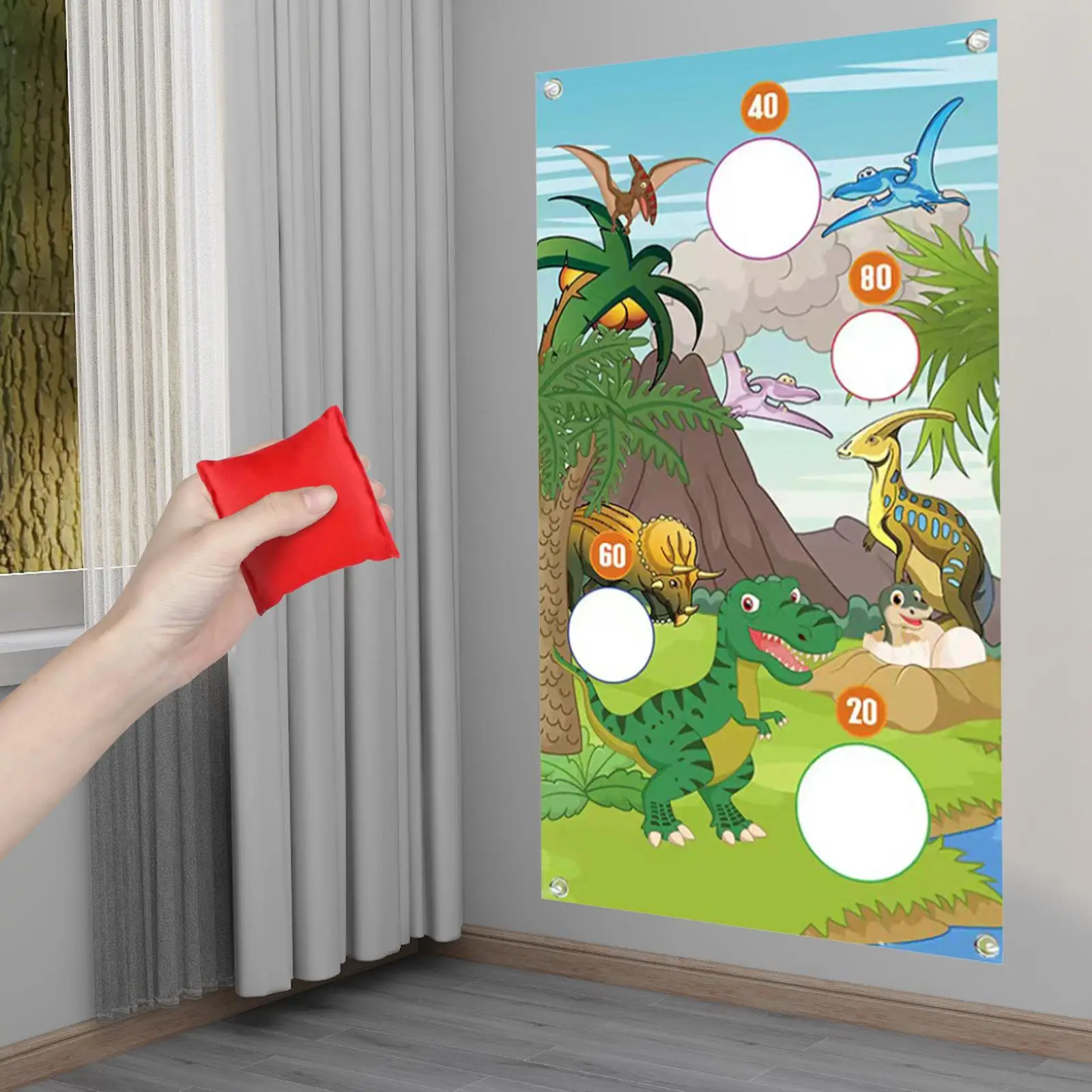 Party Dinosaur Throwing Game with Bags Backdrop Banner for Kids Birthday Family Indoor Outdoor Supplies