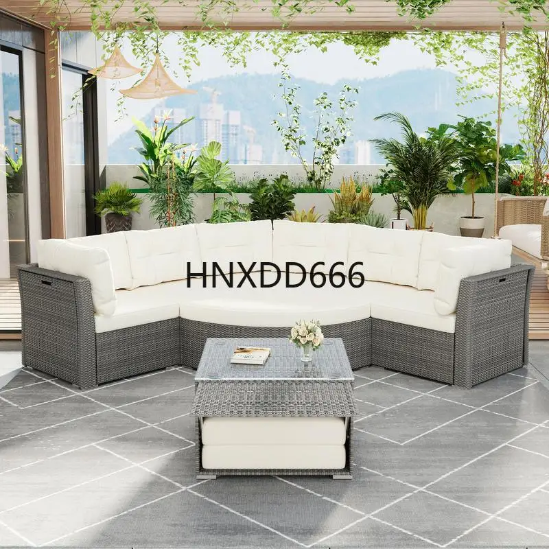 yss Outdoor Rattan Daybed Sectional Furniture Set with Cushions & Table for Patio, Lawn, Backyard, Pool - Beige