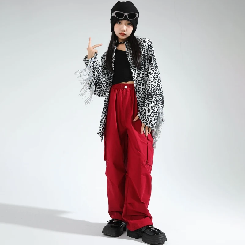 Kinder Hip Hop Tanz kostüme für Mädchen Leoparden muster Jacke rote Cargo hose Street Wear Kinder Jazz Stage Rave Kleidung dqs17453