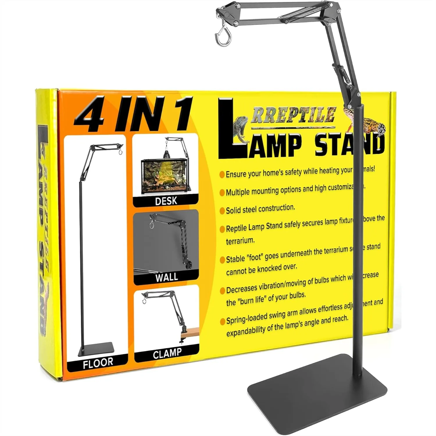 

4 in 1 Metal Reptile Lamp Stand with Swing Arm, Adjustable Height & Width Heat Lamp Holder for Terrarium Tank, Max Height 72"