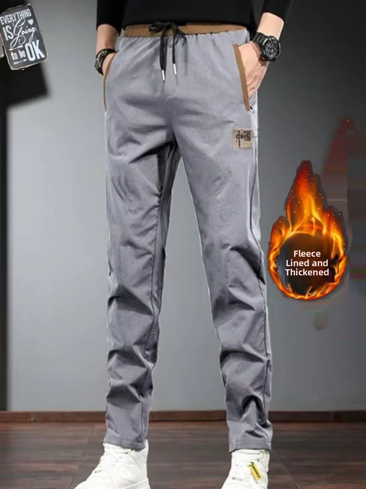 

Men's Loose Straight Leg Pants Fce Lined Casual Work Trousers Autumn Winter Warm Straight Long Pants for Men