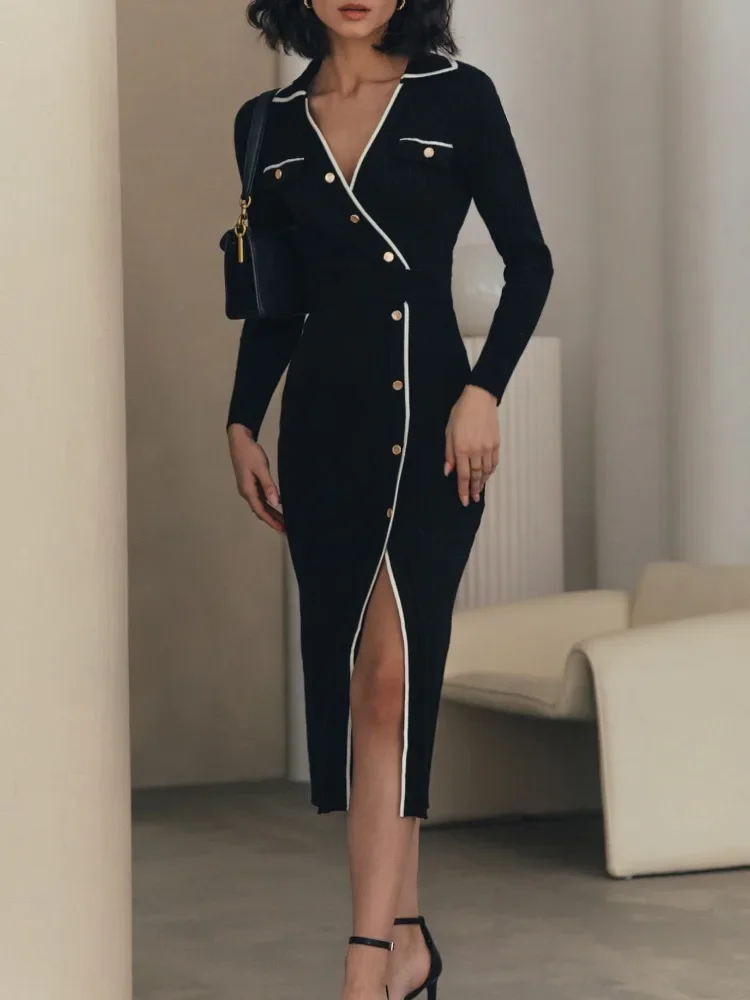 

White Patchwork Knit Maxi Dress For Women Slim Lace-Up High Waist Split Elegant Party Dress Fashion Lapel Knitwear Dress