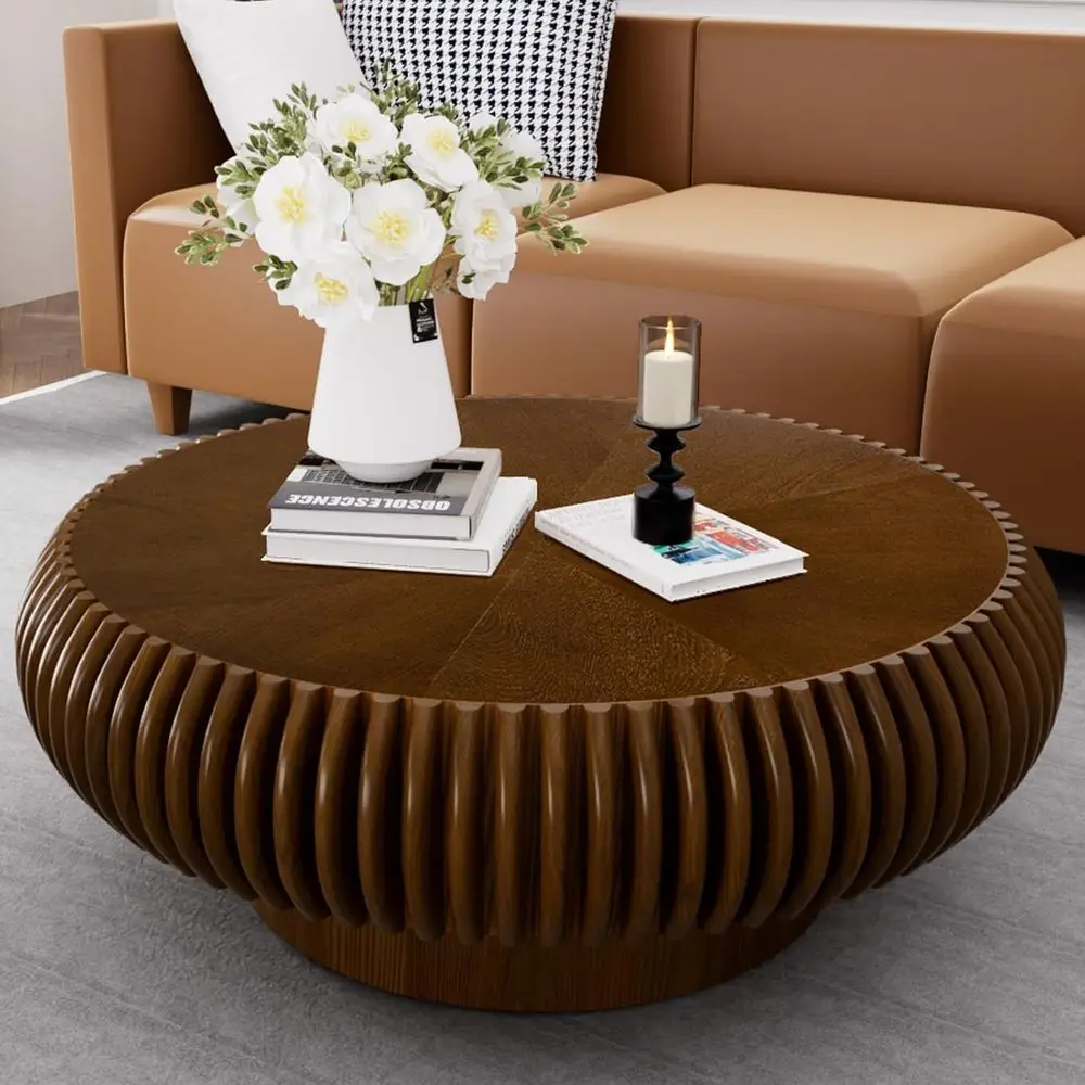 

ern Round Drum Coee Table Handcrated luted Wood Design with Sturdy Base or Living Room Bedroom Oice Aparent Small Spaces Cocktai