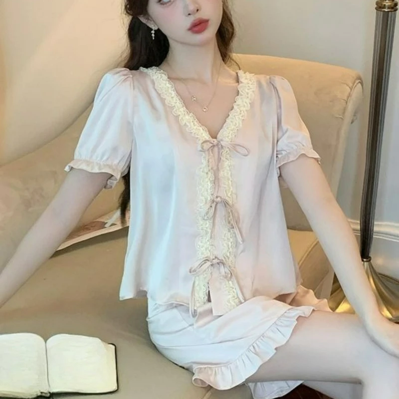 French Pajamas Women's New Summer Ice Silk Short-sleeved Shorts Sweet Lace Edge Strap Set Loungewear Skin-friendly Comfortable
